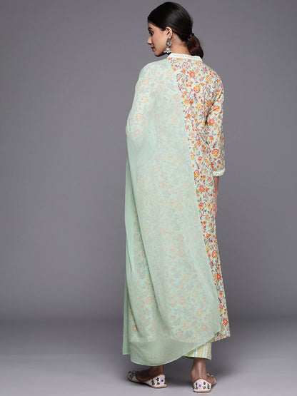 Indyancart VA Women's Floral Printed Mirror Work Kurta with Trousers & With Dupatta Kurta Sets