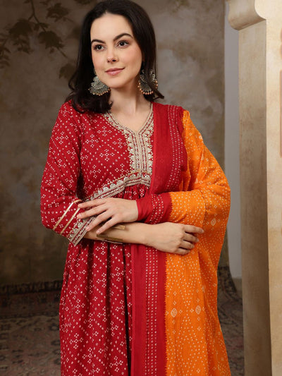 Indyancart SN Women's Bandhani Printed V Neck Pure Cotton A Line Kurta & Trousers With Dupatta