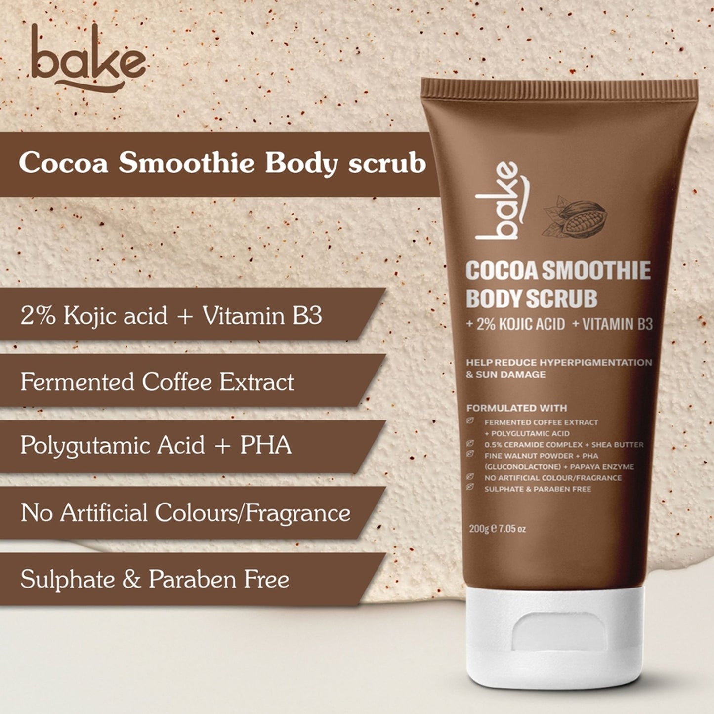 BAKE 2% Kojic Acid Cocoa Smoothie Body Scrub For Dark Spots, Pigmentation & Tan Removal