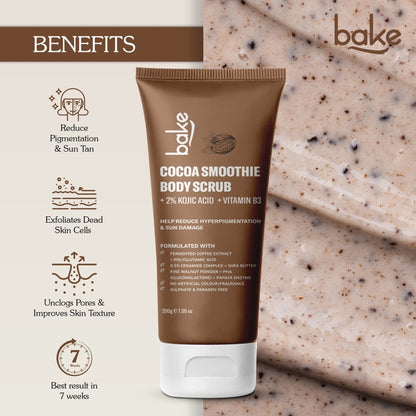 BAKE 2% Kojic Acid Cocoa Smoothie Body Scrub For Dark Spots, Pigmentation & Tan Removal