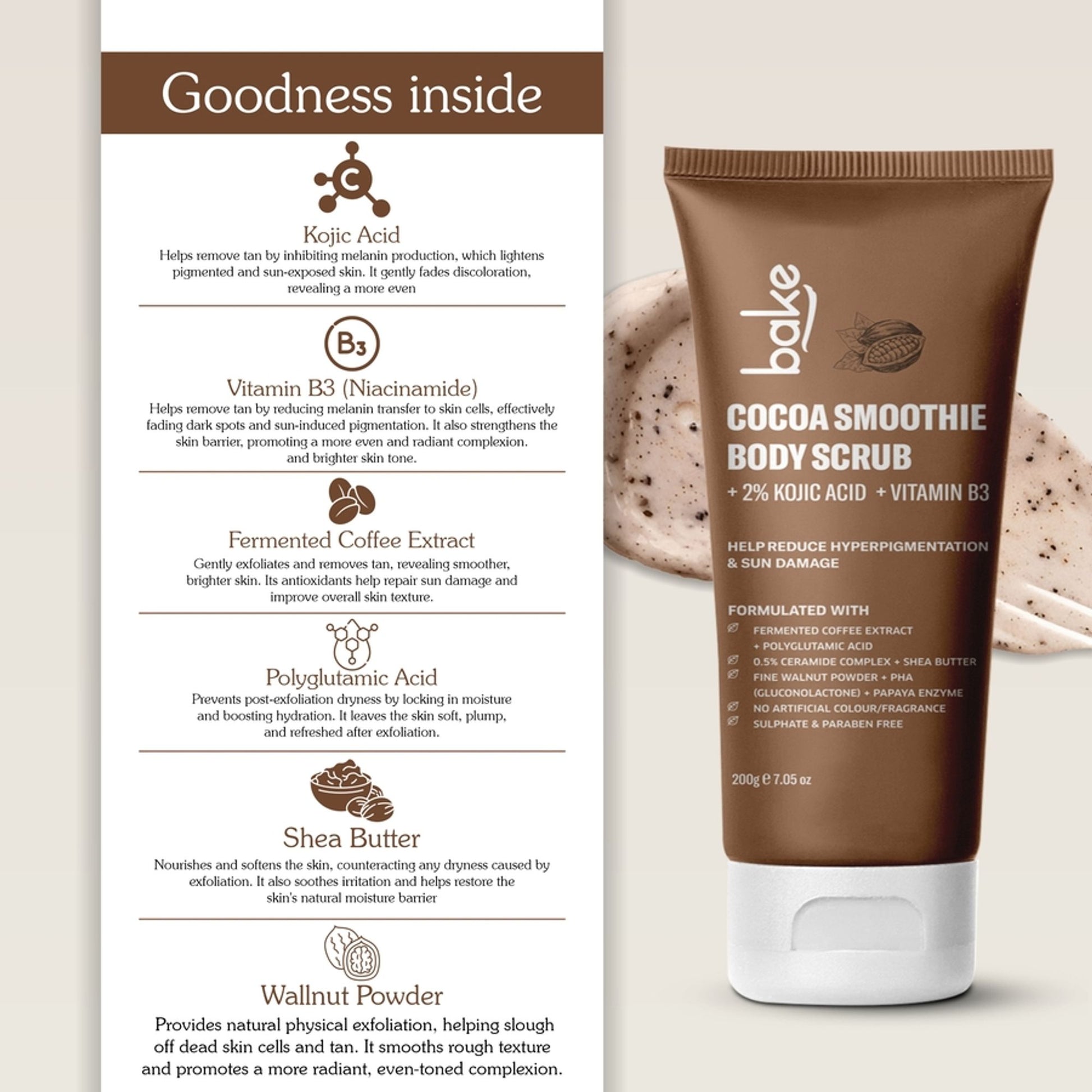 BAKE 2% Kojic Acid Cocoa Smoothie Body Scrub For Dark Spots, Pigmentation & Tan Removal