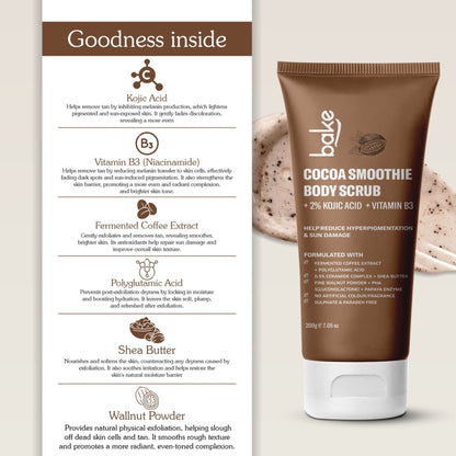 BAKE 2% Kojic Acid Cocoa Smoothie Body Scrub For Dark Spots, Pigmentation & Tan Removal