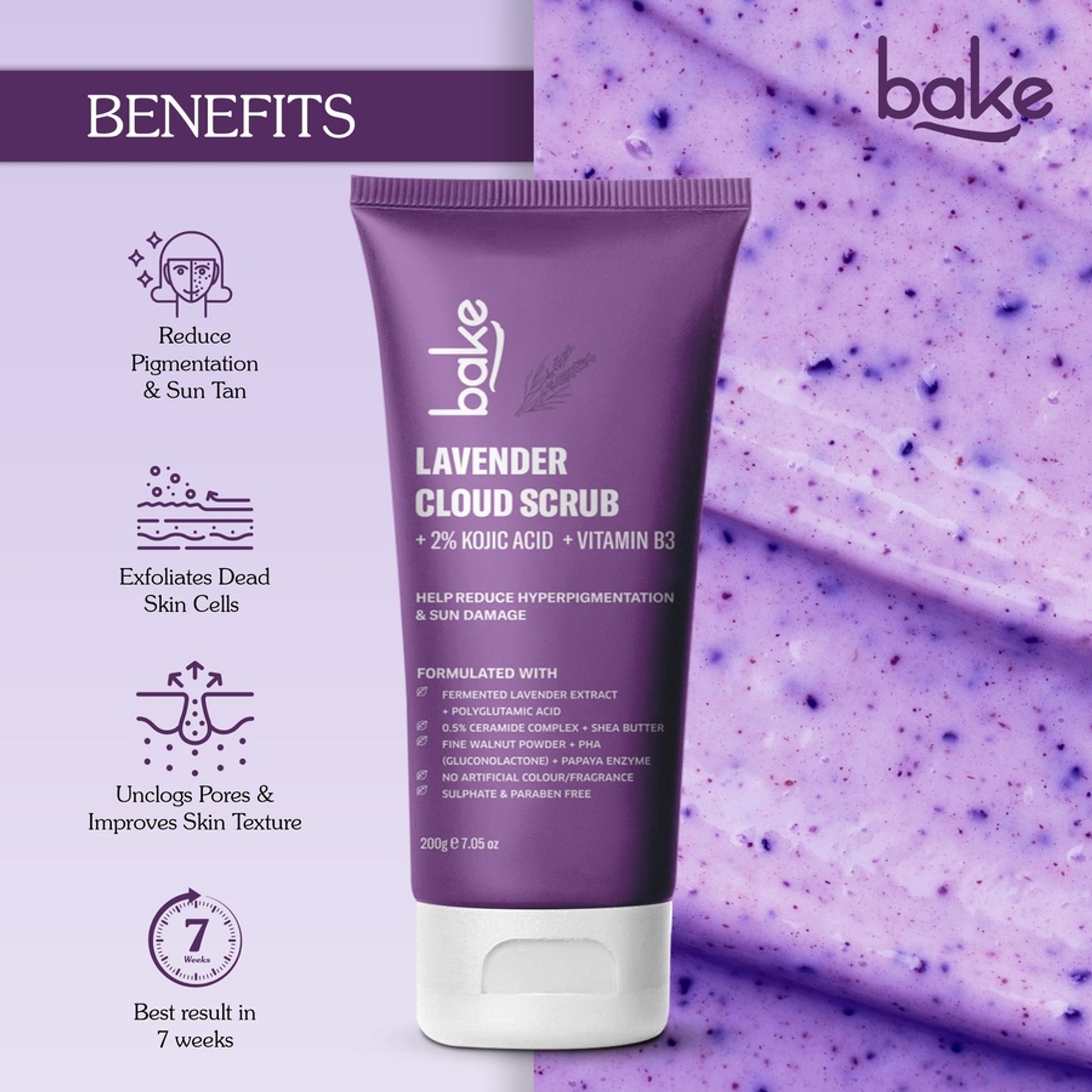 Bake 2% Kojic Acid Lavender Smoothie Body Scrub For Dark Spots, Pigmentation & Strawberry Legs
