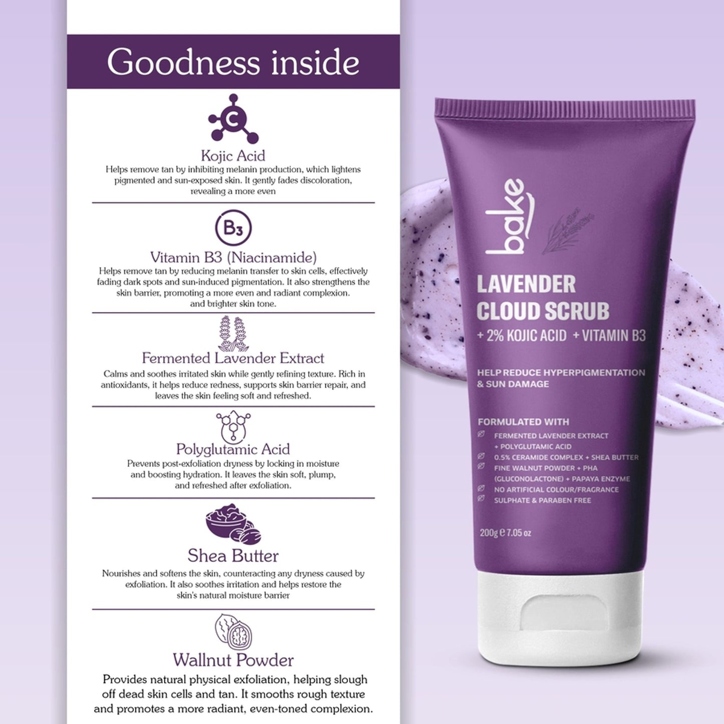 Bake 2% Kojic Acid Lavender Smoothie Body Scrub For Dark Spots, Pigmentation & Strawberry Legs