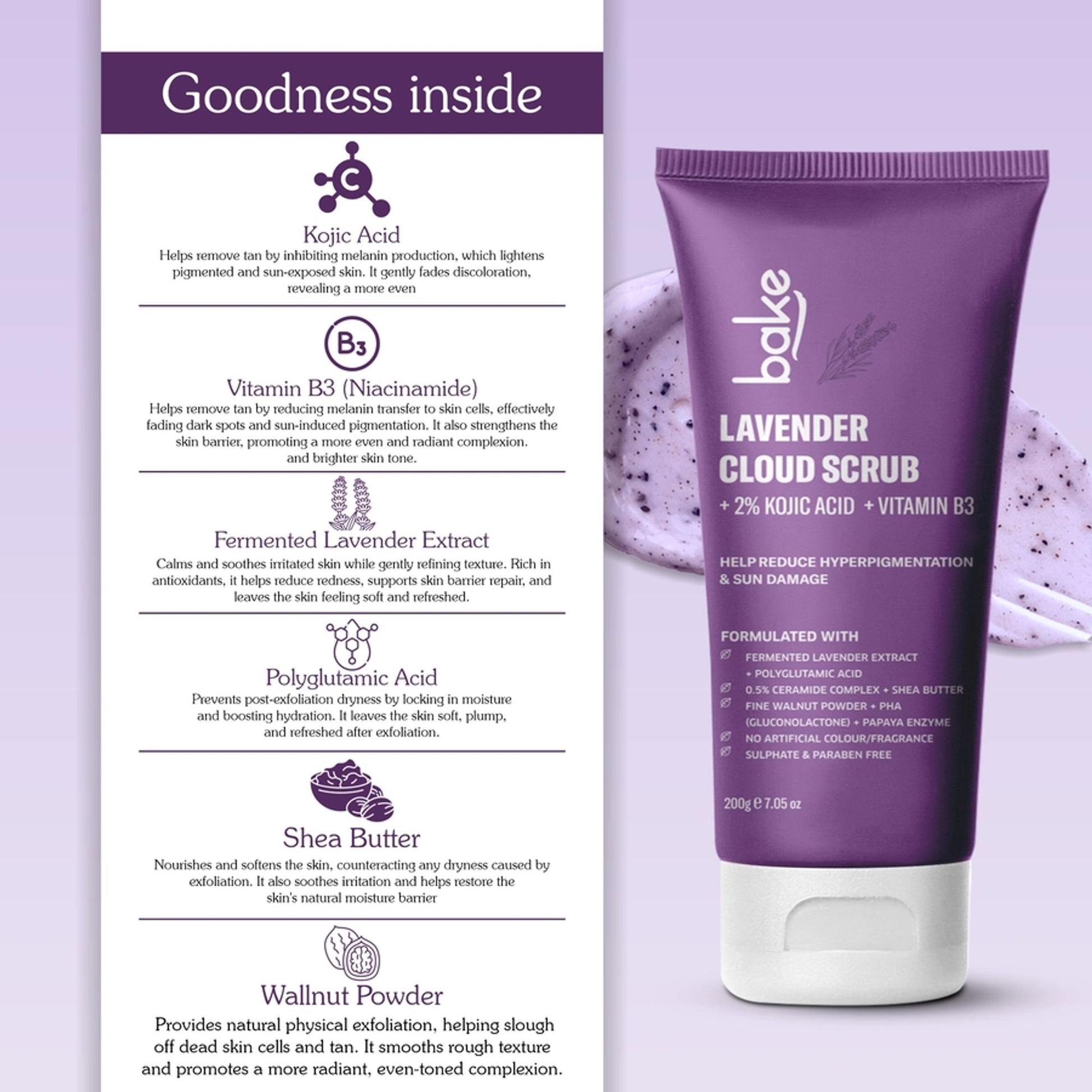 Bake 2% Kojic Acid Lavender Smoothie Body Scrub For Dark Spots, Pigmentation & Strawberry Legs