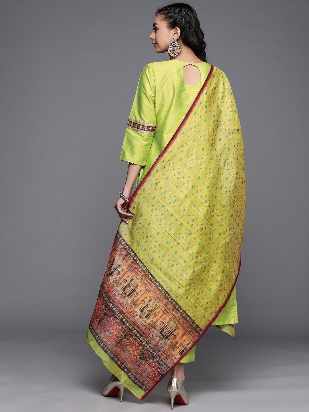 Indyancart VA Women's Lime Green Ethnic Motifs Yoke Design Beads and Stones Kurta with Trousers & With Dupatta