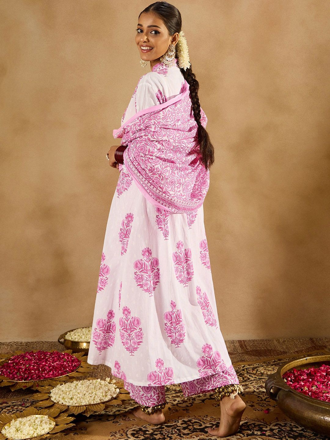 Indyancart IE Floral Printed Panelled Pure Cotton A-Line Kurta With Palazzos & Dupatta