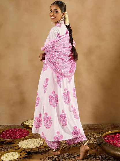 Indyancart IE Floral Printed Panelled Pure Cotton A-Line Kurta With Palazzos & Dupatta