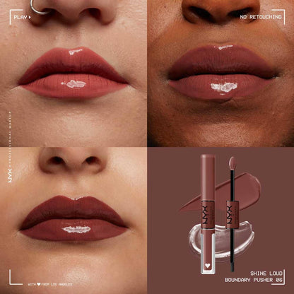 NYX Professional Makeup Shine Loud High Shine Lip Color and Gloss in Boundary Pusher, featuring vibrant, glossy lip product with sleek packaging