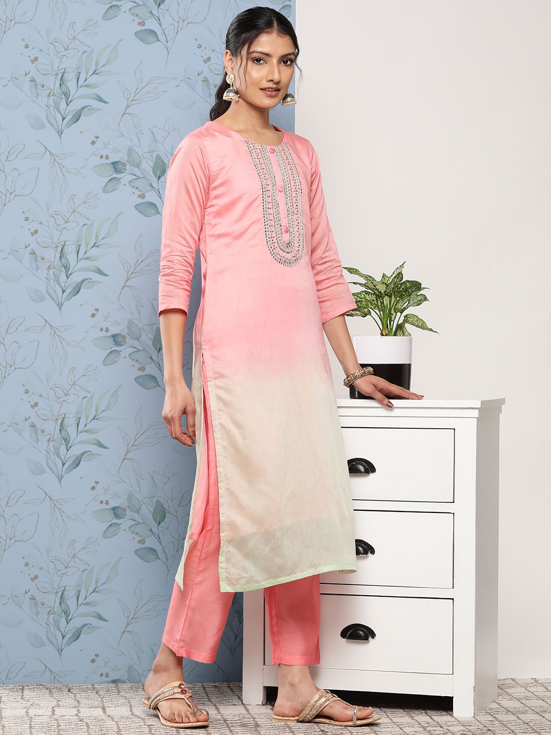 Indyancart VA Women's Pink Ombre Embroidered Sequinned Kurta with Trousers & With Dupatta