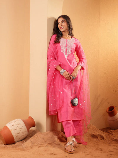 Indyancart VA Women'sEthnic Motifs Embroidered Sequinned Chanderi Silk Kurta with Trousers And Dupatta