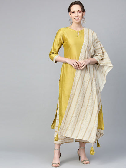 Dhiyona IE Women Olive Green & Off White Straight Keyhole Neck Kurta with Palazzos & Dupatta