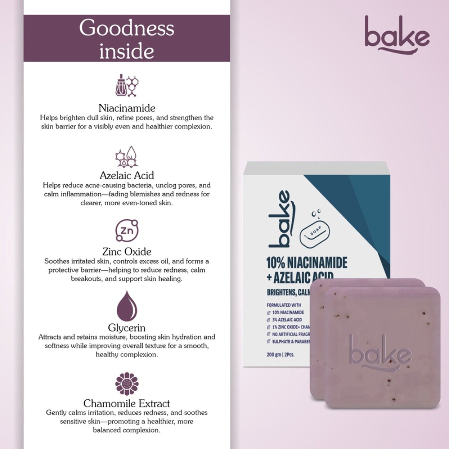 BAKE 10% Niacinamide + Azelaic Acid Soap for Body & Back Acne, Bright & Spot-Free Skin -Pack of 2