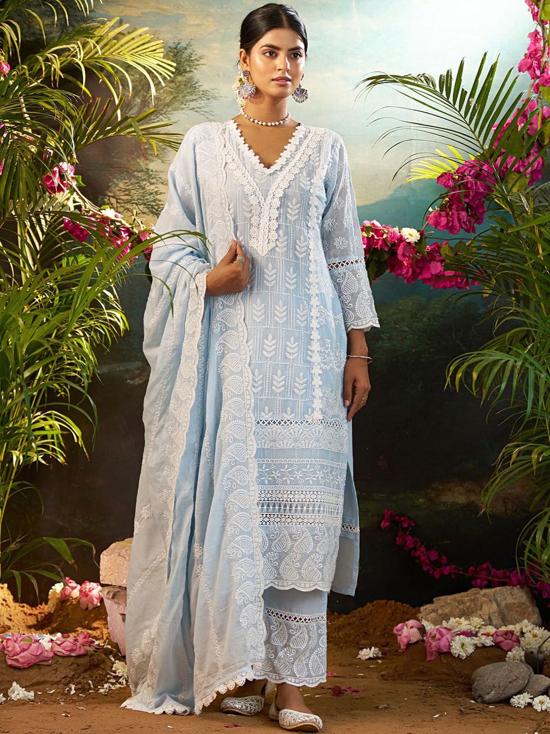 Women Ethnic Motifs Embroidered Cotton Kurta with Trousers & Dupatta
