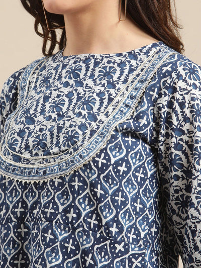 Indyancart VA Women'sBlue & White Floral Printed Flared Kurta Sharara Set