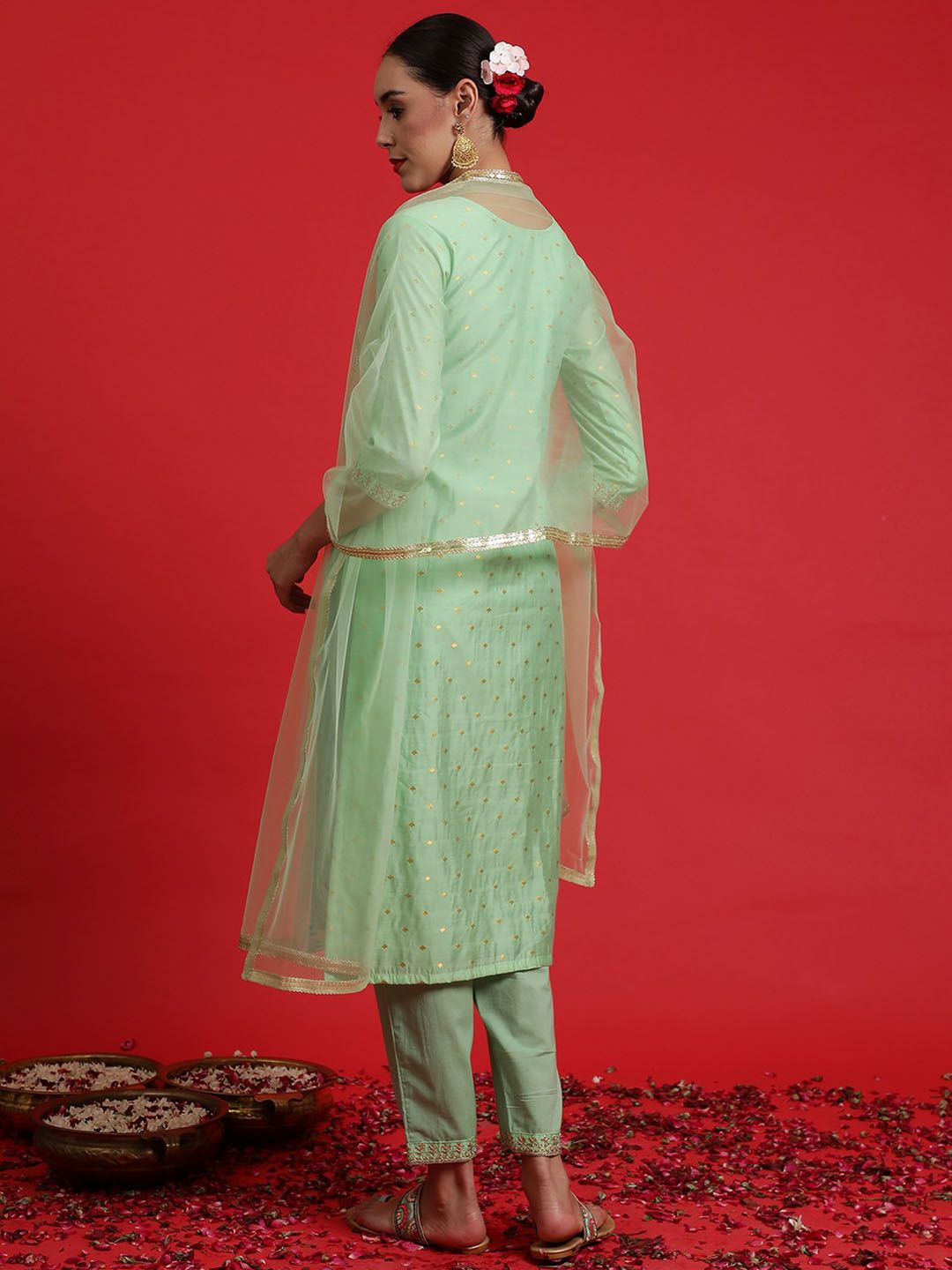 Indyancart IE Ethnic Motifs Embroidered Chanderi Silk Kurta Withth Trousers & Dupattta