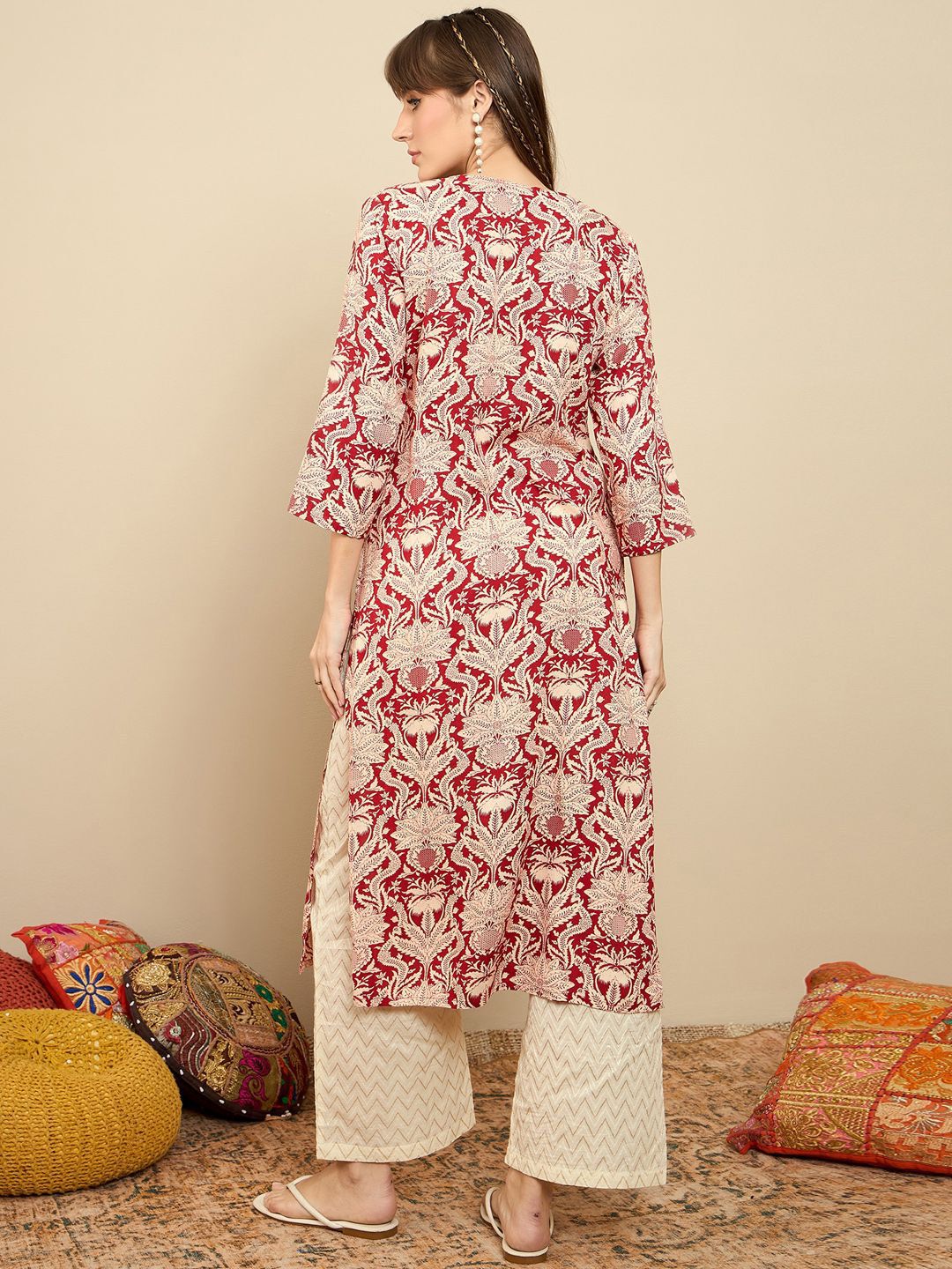 Indyancart IE Pack Of 2 Floral Printed Round Neck Straight Kurta