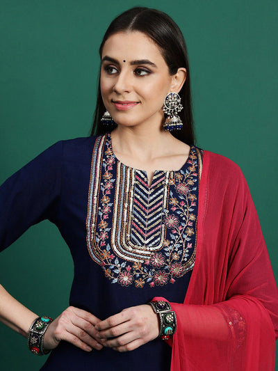 Indyancart SN Women's Yoke Design Embroidered Pure Cotton Straight Kurta With Trousers & Dupatta