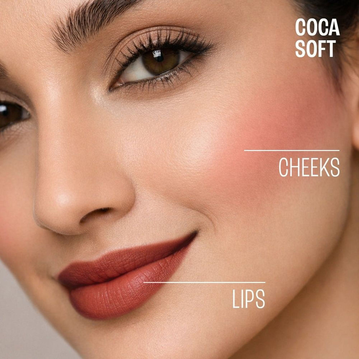 Lakme Double Duty Lip & Cheek Mousse in Cocoa Soft, showcasing the matte lipstick and soft blush in a compact container.