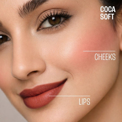Lakme Double Duty Lip & Cheek Mousse in Cocoa Soft, showcasing the matte lipstick and soft blush in a compact container.