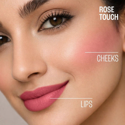 Lakme Double Duty Lip & Cheek Mousse in Rose Touch showing the matte lipstick and soft blush in a compact form.