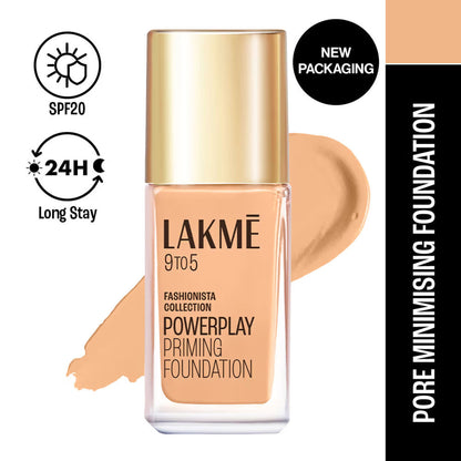Lakme 9 To 5 Powerplay Priming Foundation, Built In Primer, Long-Lasting, SPF 20 - W120 Warm Creme