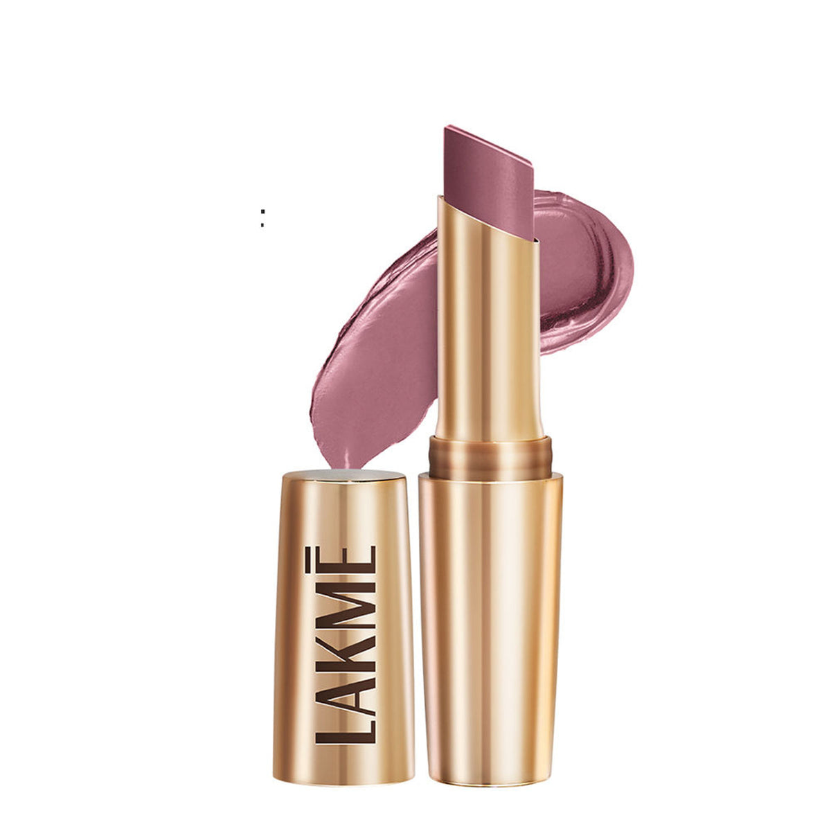 Lakme 9 To 5 Powerplay Priming Matte Lipstick in MM1 Mauve Matter, showcasing the deep mauve shade in a sleek lipstick tube.