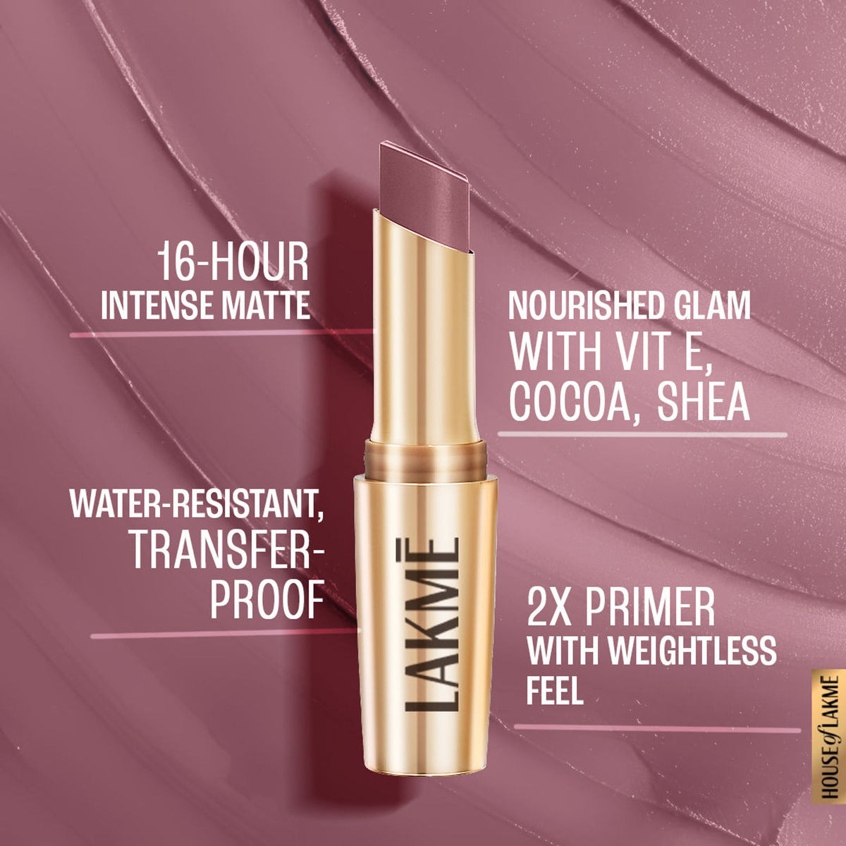 Lakme 9 To 5 Powerplay Priming Matte Lipstick in MM1 Mauve Matter, showcasing the lipstick tube and its matte mauve shade.