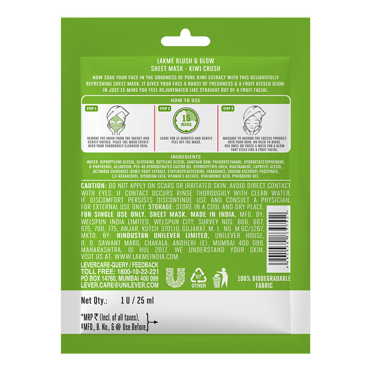 Lakme Blush & Glow Sheet Mask - Kiwi
