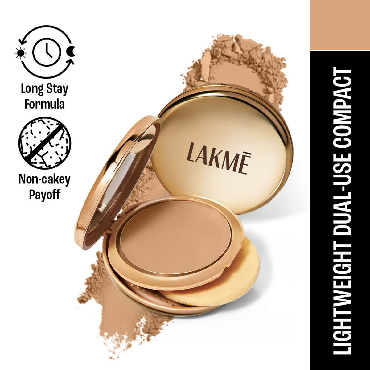 Lakme 9 To 5 Unreal Dual Cover pressed powder compact with foundation in shade 20 Nude, featuring dual sides for versatile makeup.