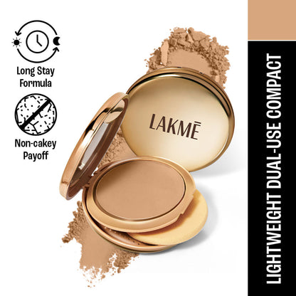 Lakme 9 To 5 Unreal Dual Cover pressed powder compact with foundation in shade 20 Nude, featuring dual sides for versatile makeup.