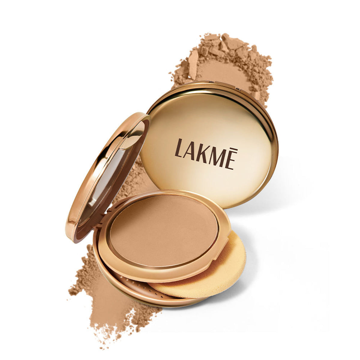 Lakme 9 To 5 Unreal Dual Cover pressed powder compact with foundation in 20 Nude shade, featuring a sleek 2-in-1 makeup palette.