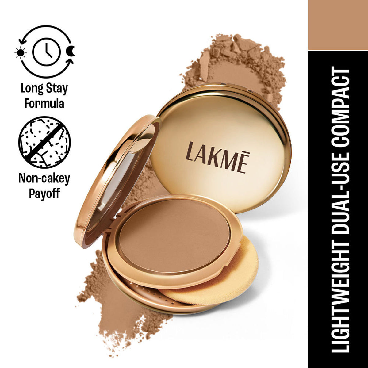 Lakme 9 To 5 Unreal Dual Cover pressed powder compact with foundation in shade 34 Almond, showing the dual-sided product.