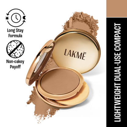 Lakme 9 To 5 Unreal Dual Cover pressed powder compact with foundation in shade 34 Almond, showing the dual-sided product.