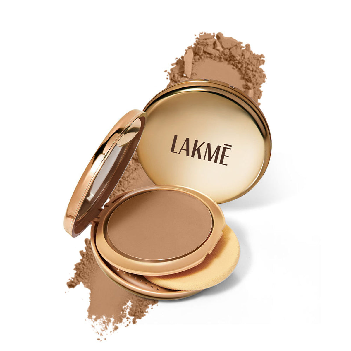 Lakme 9 To 5 Unreal Dual Cover pressed powder compact in shade 34 Almond with foundation and dual coverage for a matte finish.