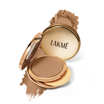 Lakme 9 To 5 Unreal Dual Cover pressed powder compact in shade 34 Almond with foundation and dual coverage for a matte finish.