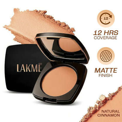 Lakme Forever Matte Compact in Natural Cinnamon, smooth finish, long-lasting 12-hour wear, provides an even toned look.