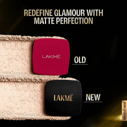 Lakme Forever Matte Compact in Natural Cinnamon, showing smooth finish and even toned look for long-lasting 12-hour wear.
