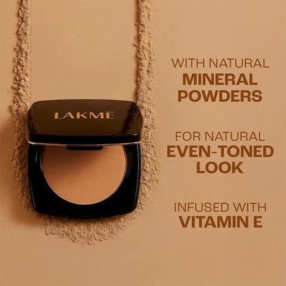 Lakme Forever Matte Compact in Natural Cinnamon, smooth finish, long-lasting 12-hour wear, enhances even toned look.