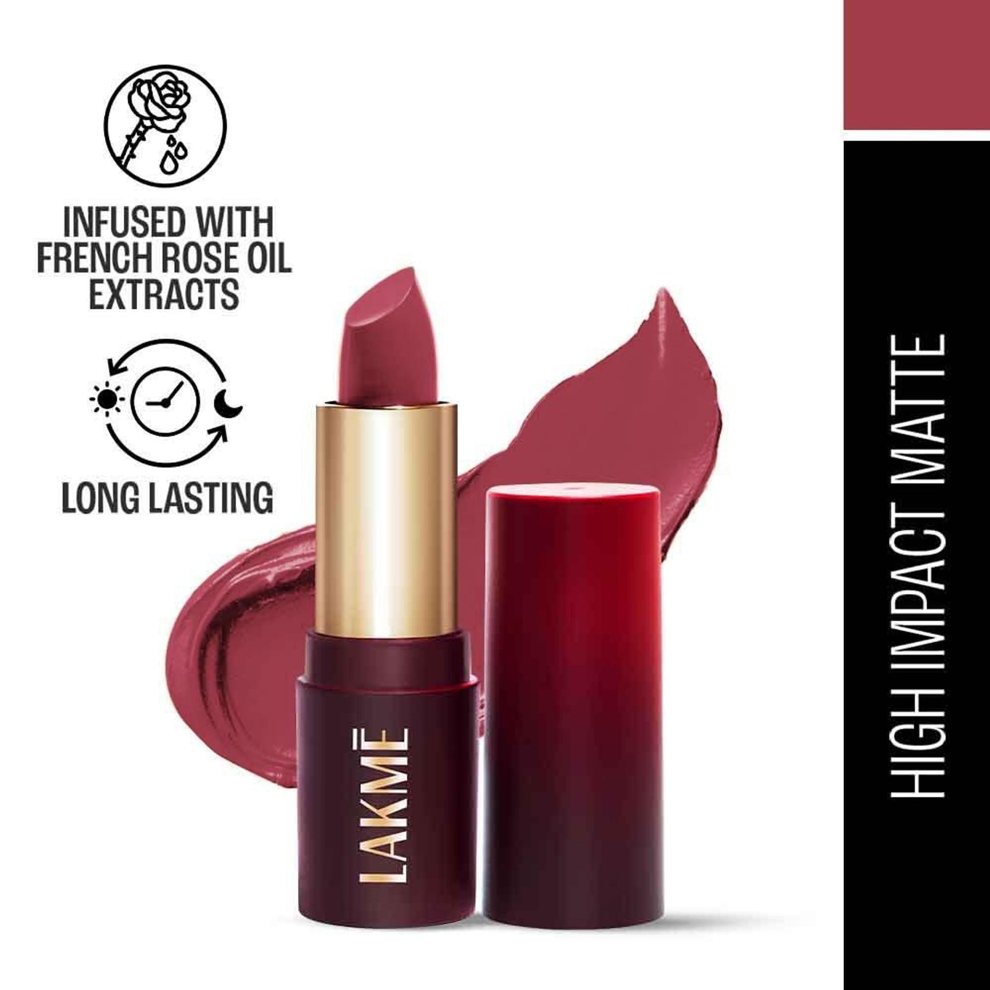 Lakme Forever Matte Lipstick, Made With French Rose Oil Extracts - Red Royale