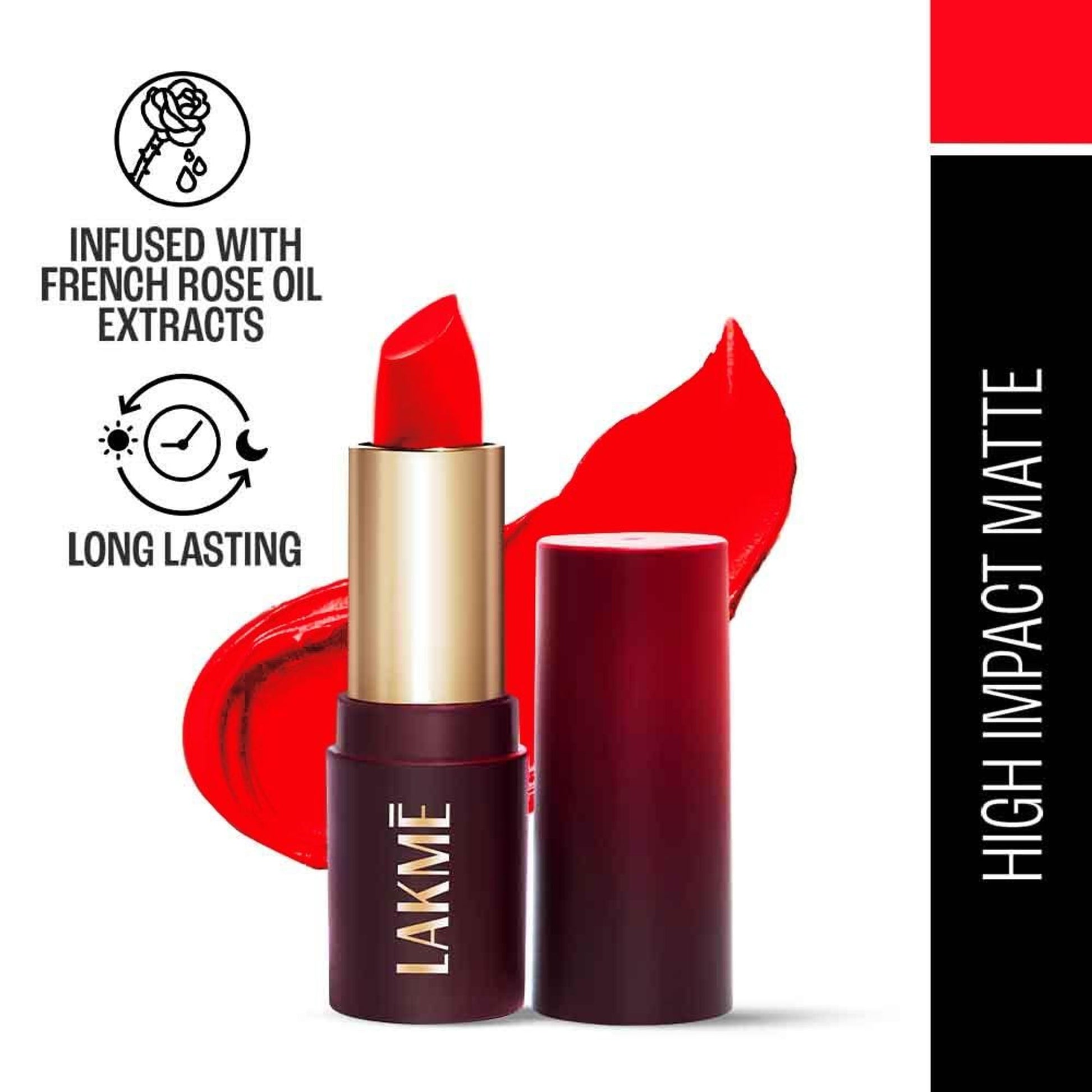 Lakme Forever Matte Lipstick, Made With French Rose Oil Extracts - Red Bomb Shell