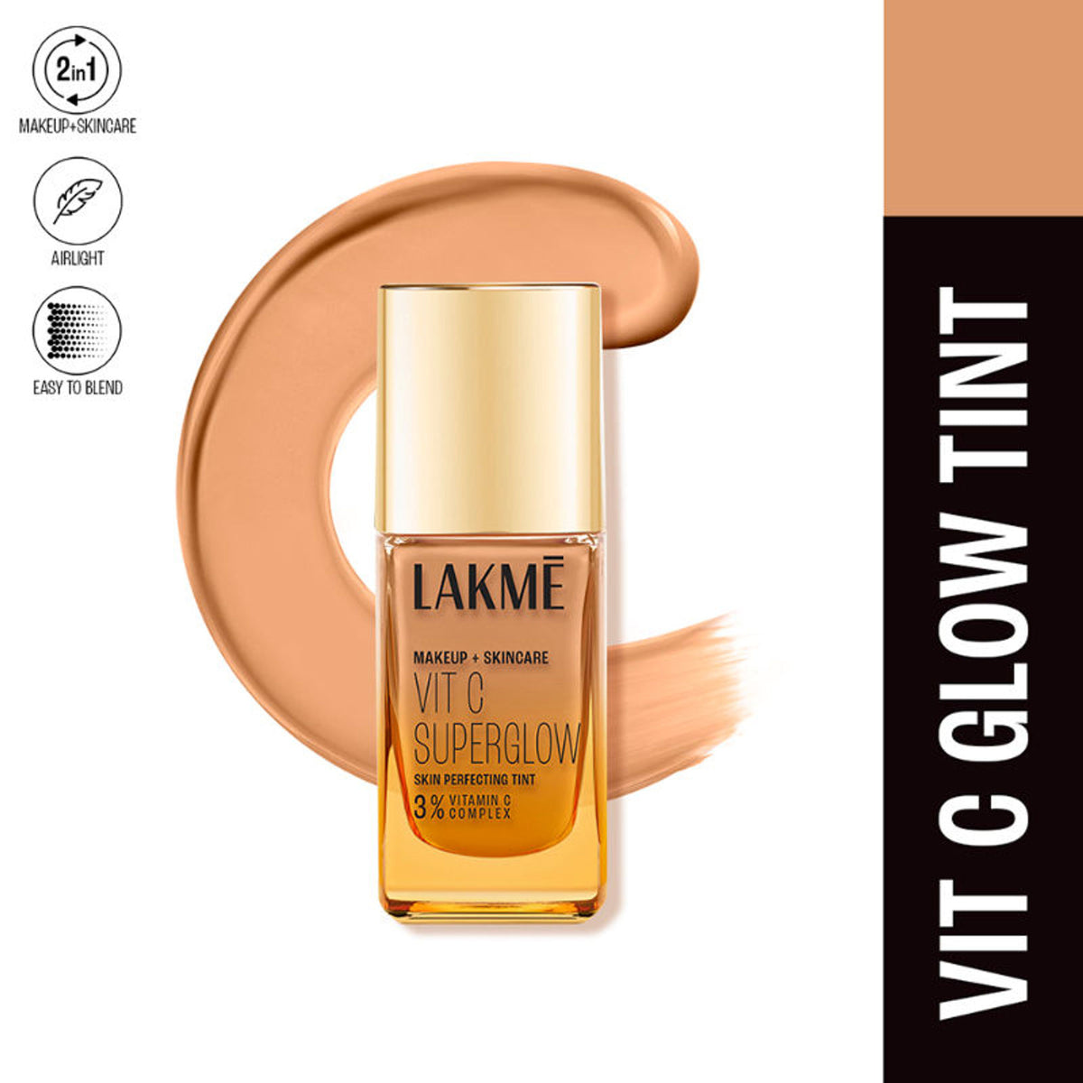 Lakme Vitamin C Superglow Skin Perfecting Tint in Warm Beige, lightweight face tint with 3% vitamin C visible on skin.