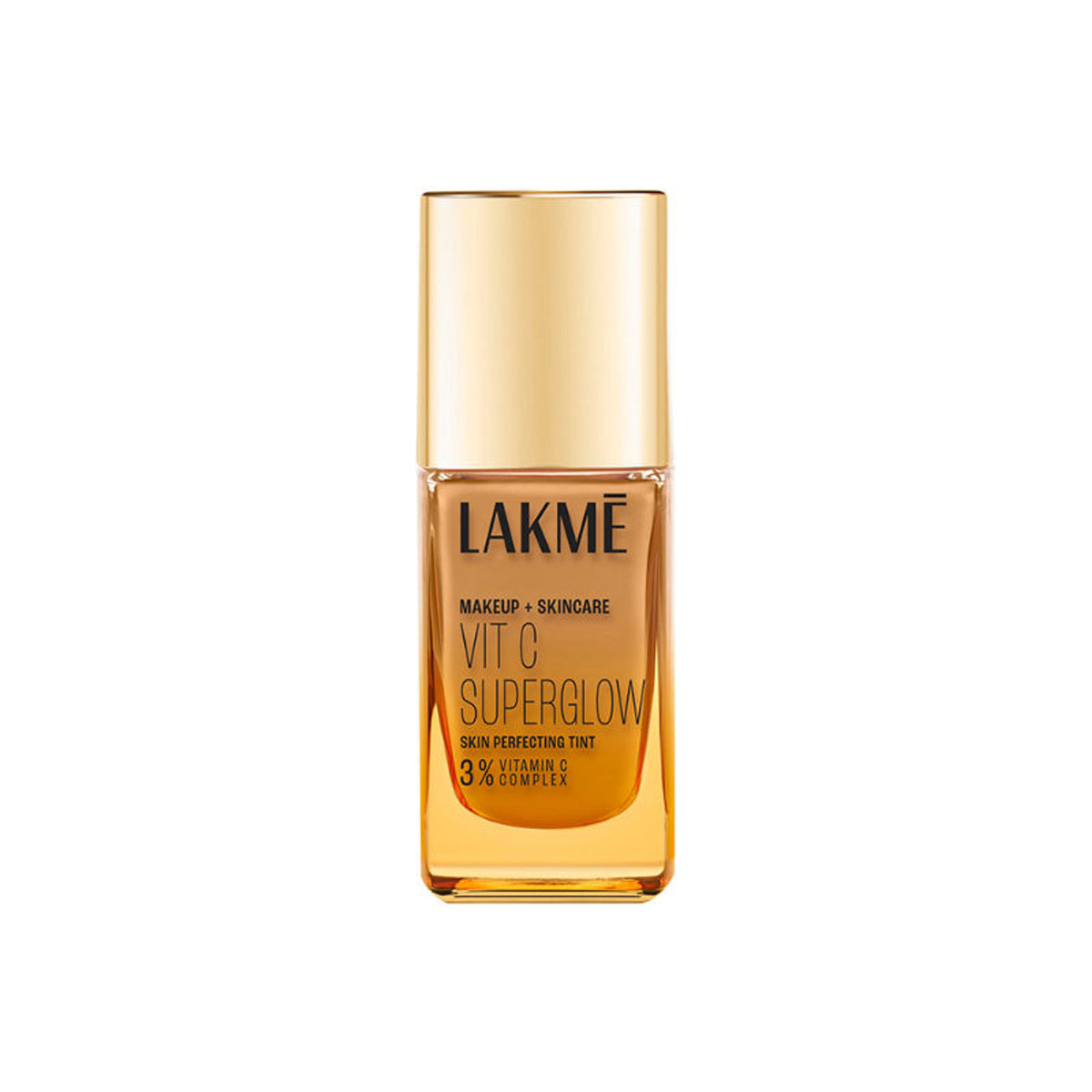 Lakme Vitamin C Superglow Skin Perfecting Tint in Neutral Almond, showcasing the product bottle with vibrant packaging and branding.