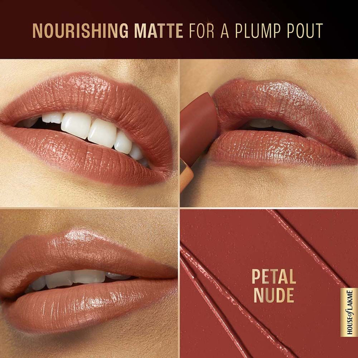 Lakme Ultimate Glam Satin Matte Lipstick in Petal Nude showing a sleek lipstick tube and the nude shade swatched on skin.
