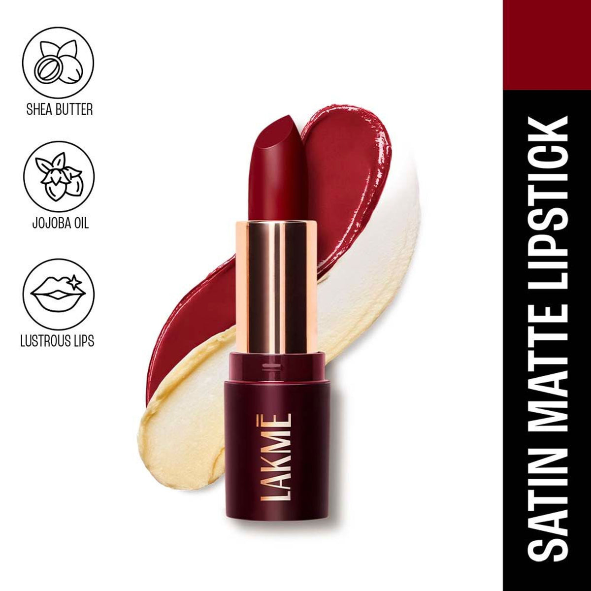 Lakme Ultimate Glam Satin Matte Lipstick in Red Flame, showing the vibrant red lipstick with a smooth satin matte finish.