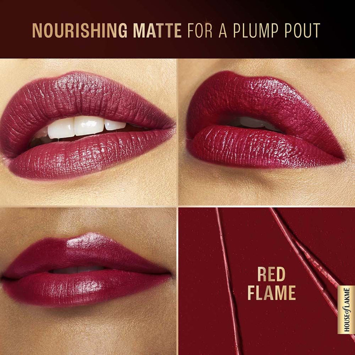 Lakme Ultimate Glam Satin Matte Lipstick in Red Flame with smooth, vibrant red lipstick swatch on lips.
