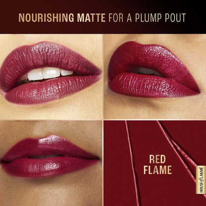 Lakme Ultimate Glam Satin Matte Lipstick in Red Flame with smooth, vibrant red lipstick swatch on lips.