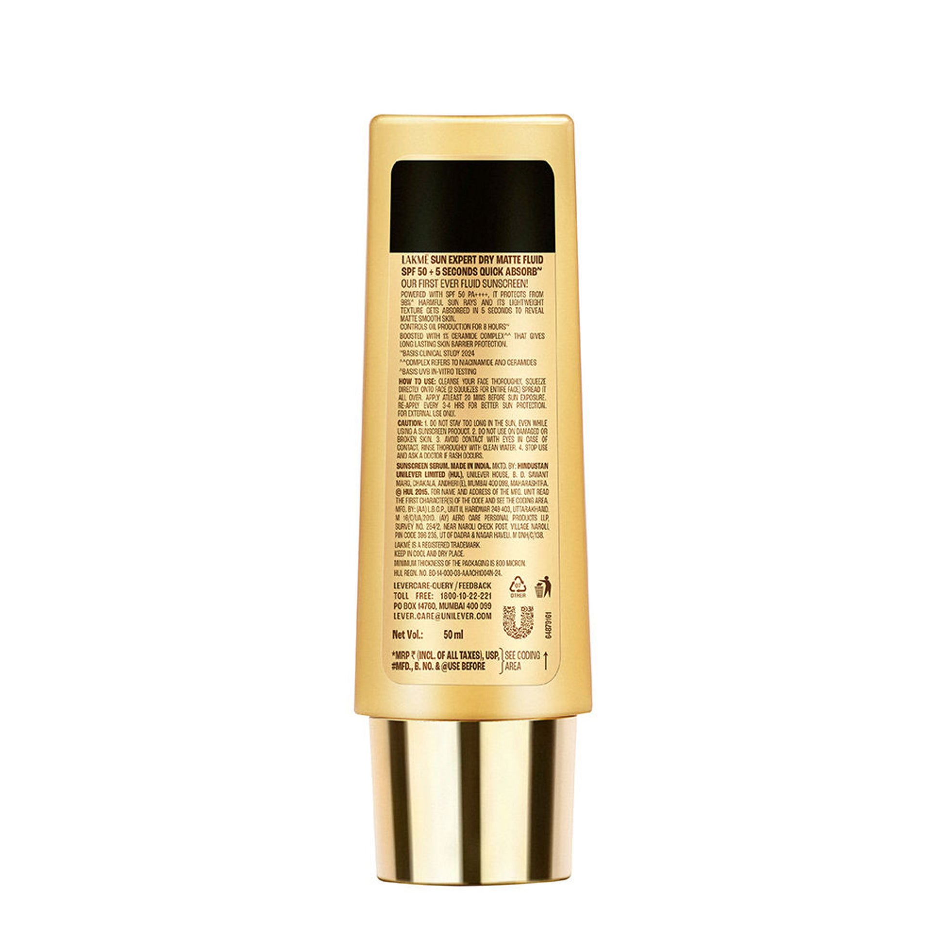 Lakme Fluid SPF 50 PA++++ In-Vivo Tested Sunscreen With 1% Niacinamide & Ceramide, for Oily Skin