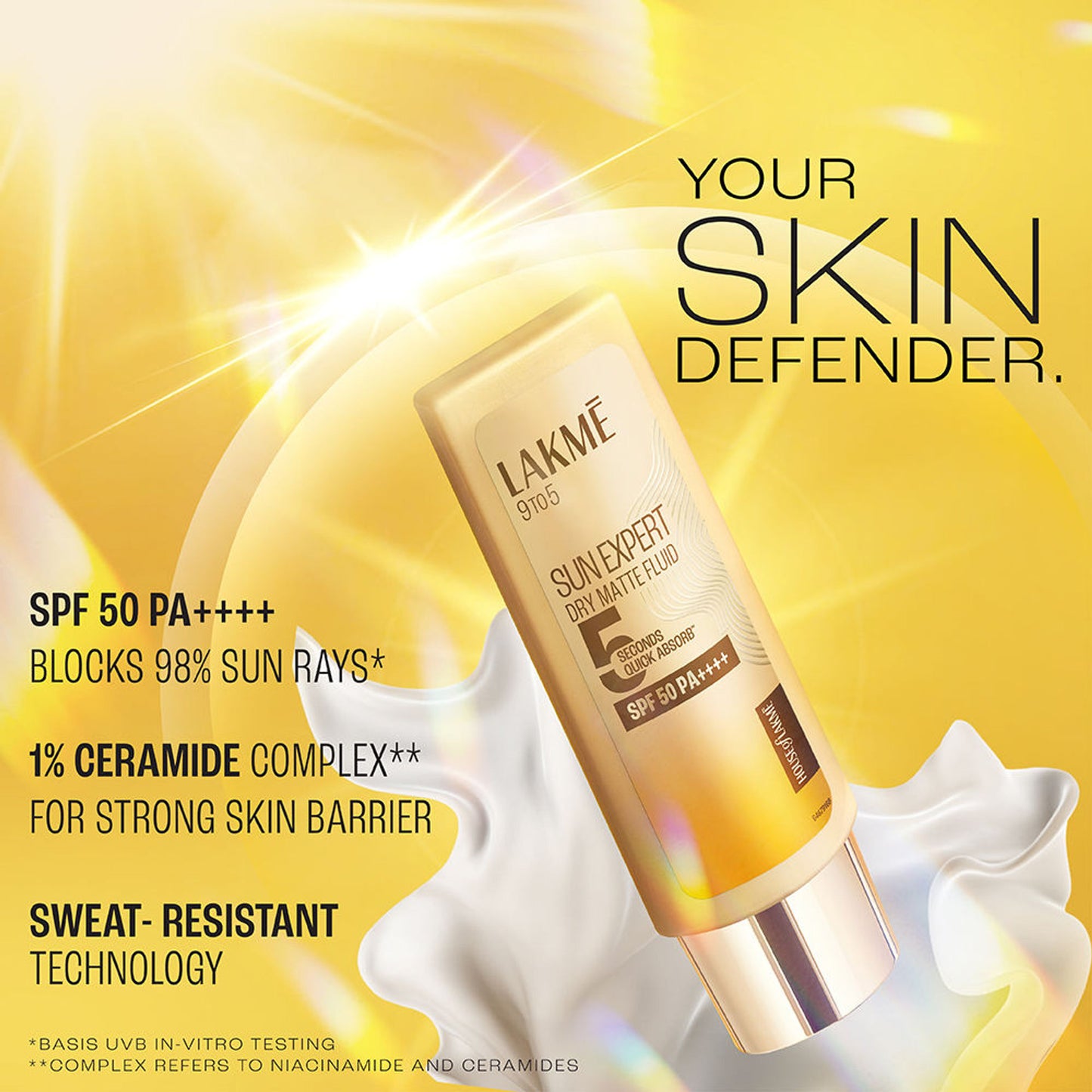 Lakme Fluid SPF 50 PA++++ In-Vivo Tested Sunscreen With 1% Niacinamide & Ceramide, for Oily Skin