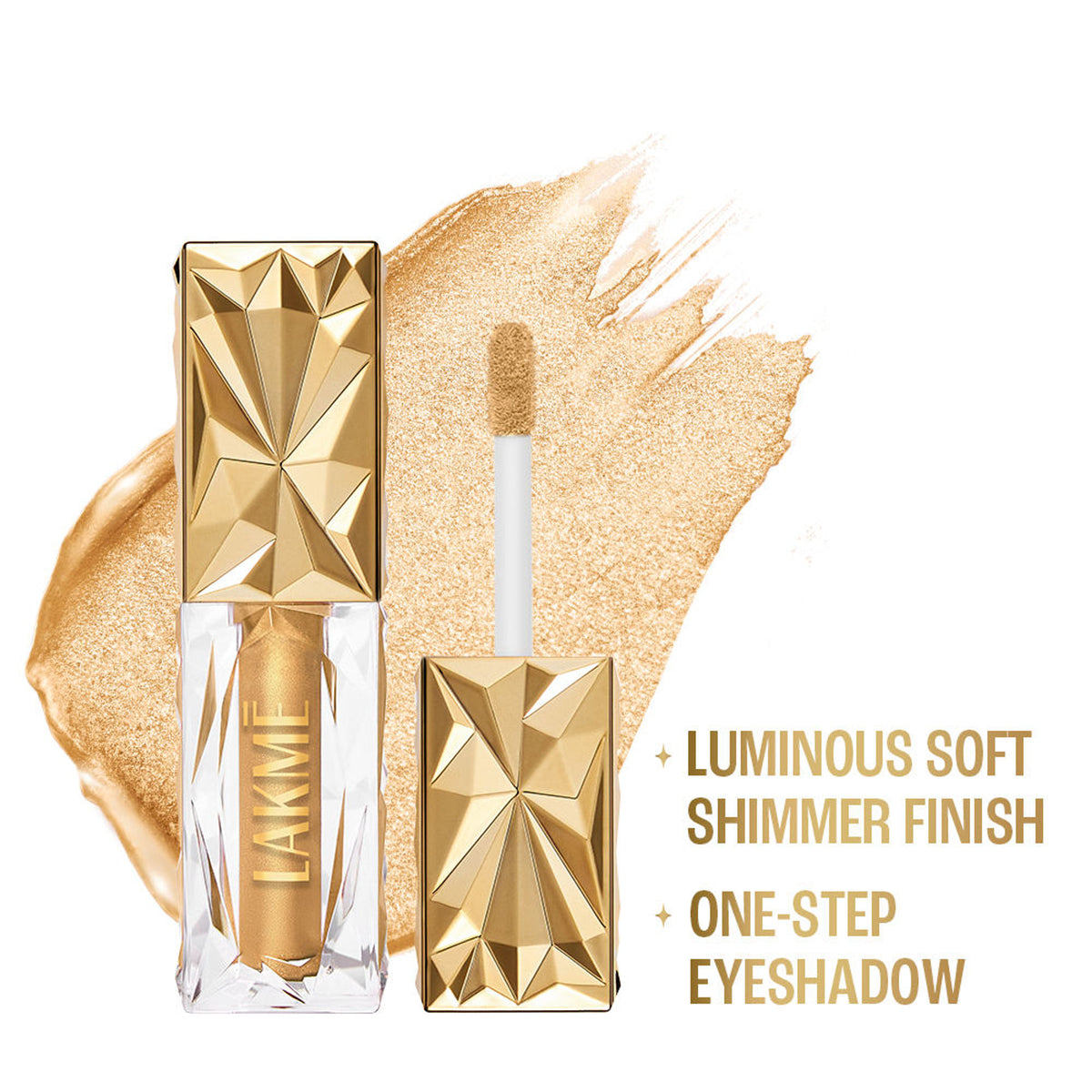 Lakme Be-jewel Satin Eye Tint liquid eyeshadow in Gold Rush, featuring a shimmering gold eye makeup swatch.